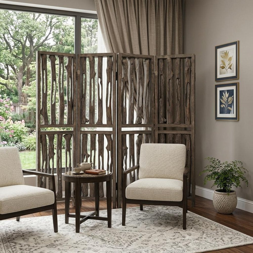 84" Brown Wood Folding Four Panel Screen Room Divider HomeRoots
