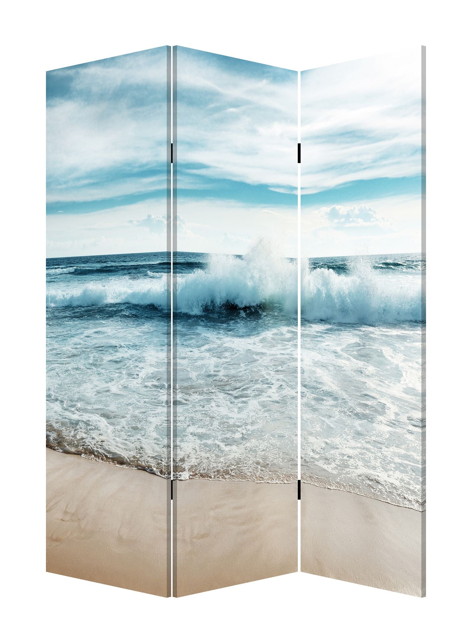 72" Blue and White Canvas Folding Three Panel Screen Room Divider HomeRoots