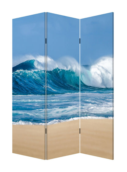 72" Blue and White Canvas Folding Three Panel Screen Room Divider HomeRoots