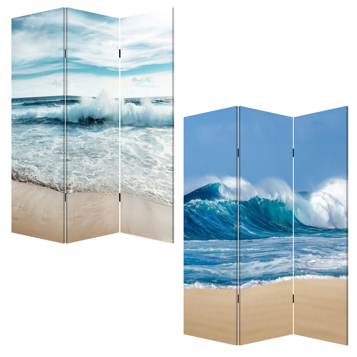 72" Blue and White Canvas Folding Three Panel Screen Room Divider — view 3