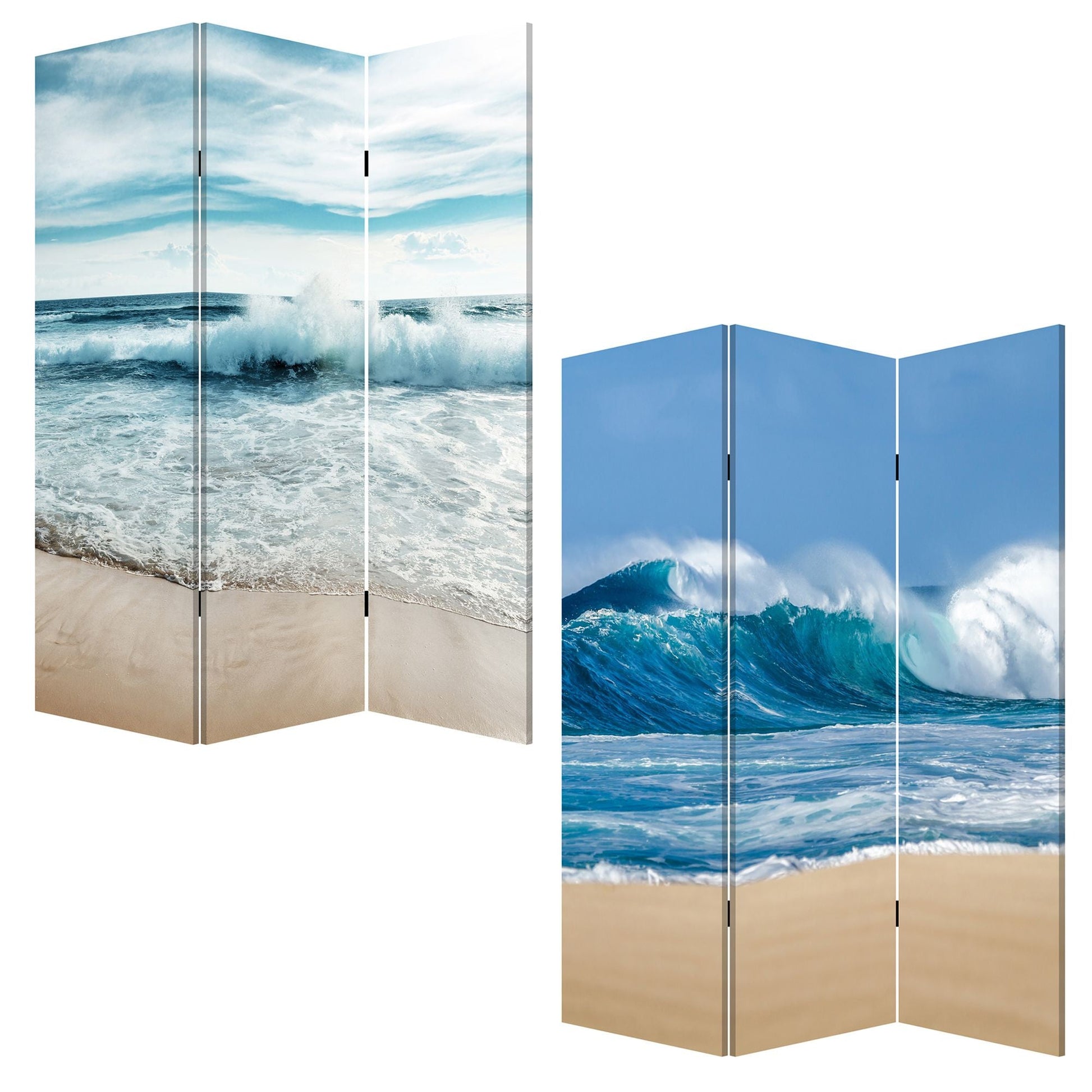 72" Blue and White Canvas Folding Three Panel Screen Room Divider HomeRoots