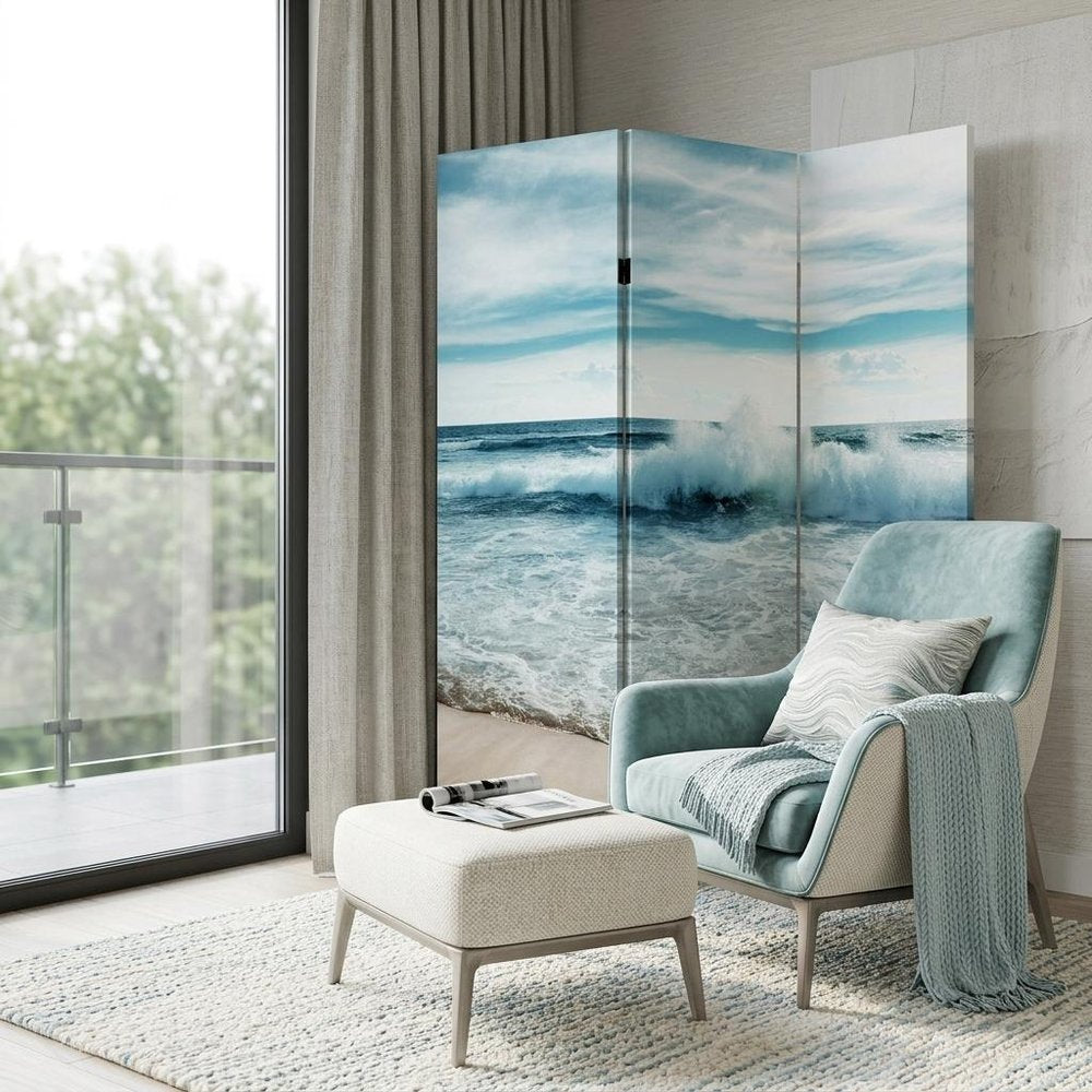 72" Blue and White Canvas Folding Three Panel Screen Room Divider HomeRoots