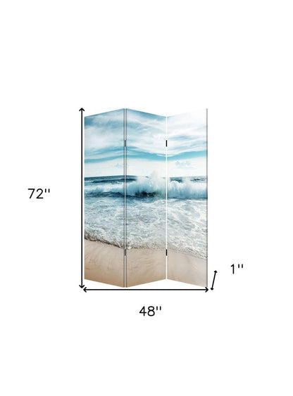 72" Blue and White Canvas Folding Three Panel Screen Room Divider HomeRoots