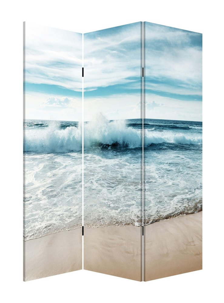 72" Blue and White Canvas Folding Three Panel Screen Room Divider HomeRoots