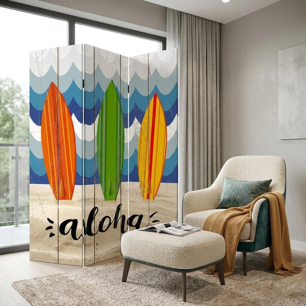 72" Blue and White Canvas Folding Three Panel Screen Room Divider HomeRoots