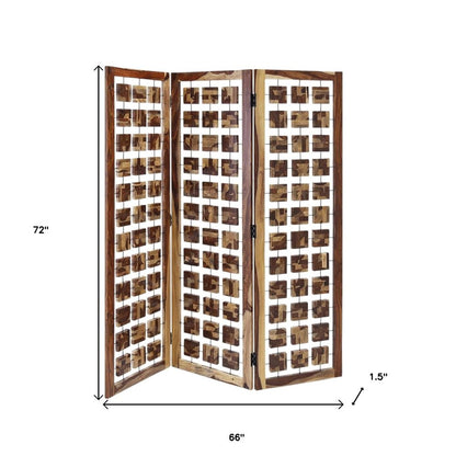 72" Brown Solid Wood Folding Three Panel Screen Room Divider HomeRoots