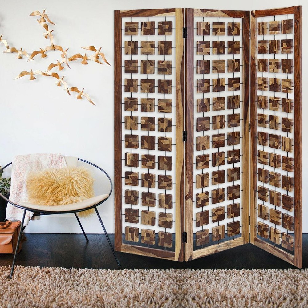 72" Brown Solid Wood Folding Three Panel Screen Room Divider HomeRoots