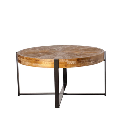 33.46"Retro drawing technology Splicing Round Coffee Table Fir Wood Table Top with Black Cross Legs Base - FurniFindUSA