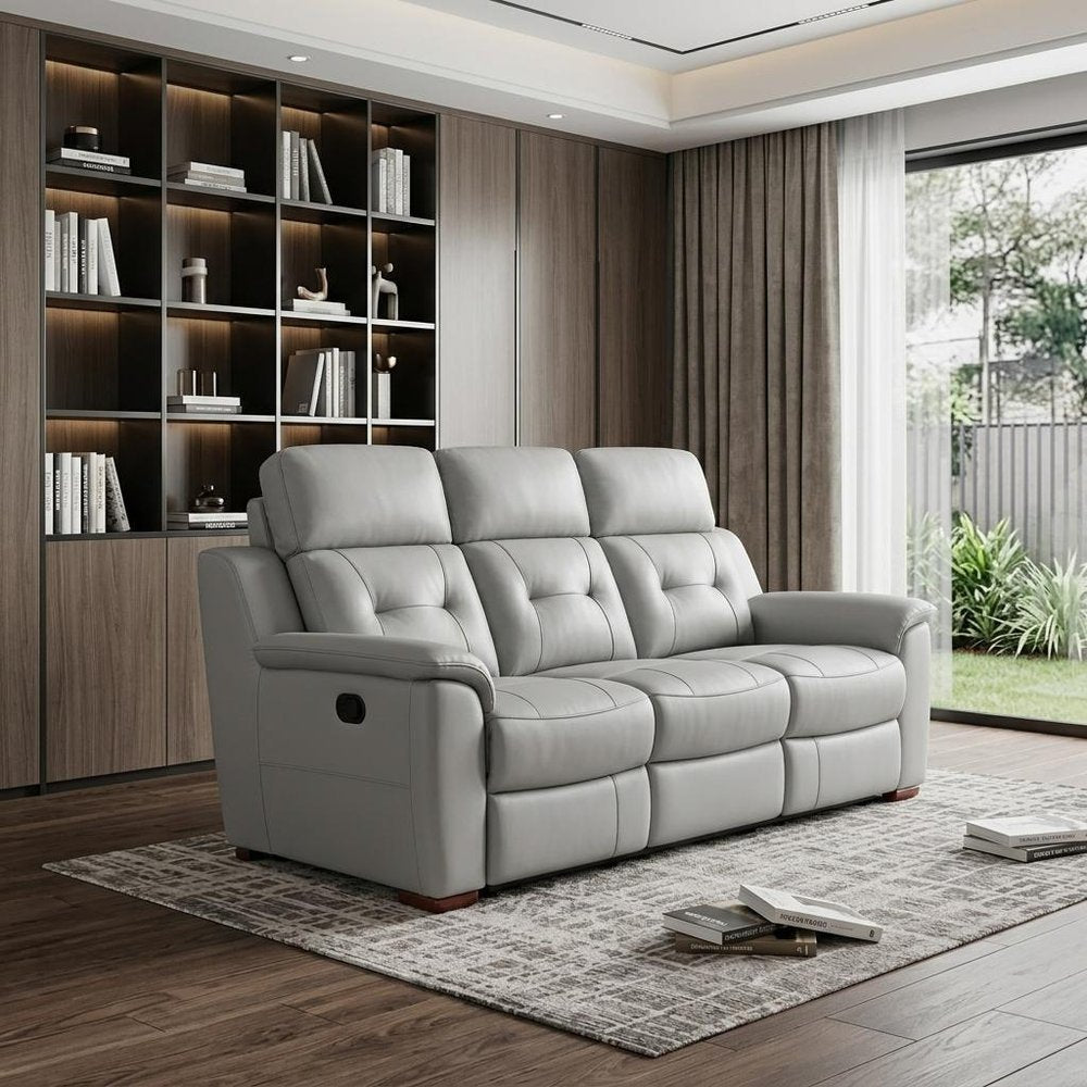90" Gray Faux Leather Reclining Sofa With Brown Legs HomeRoots