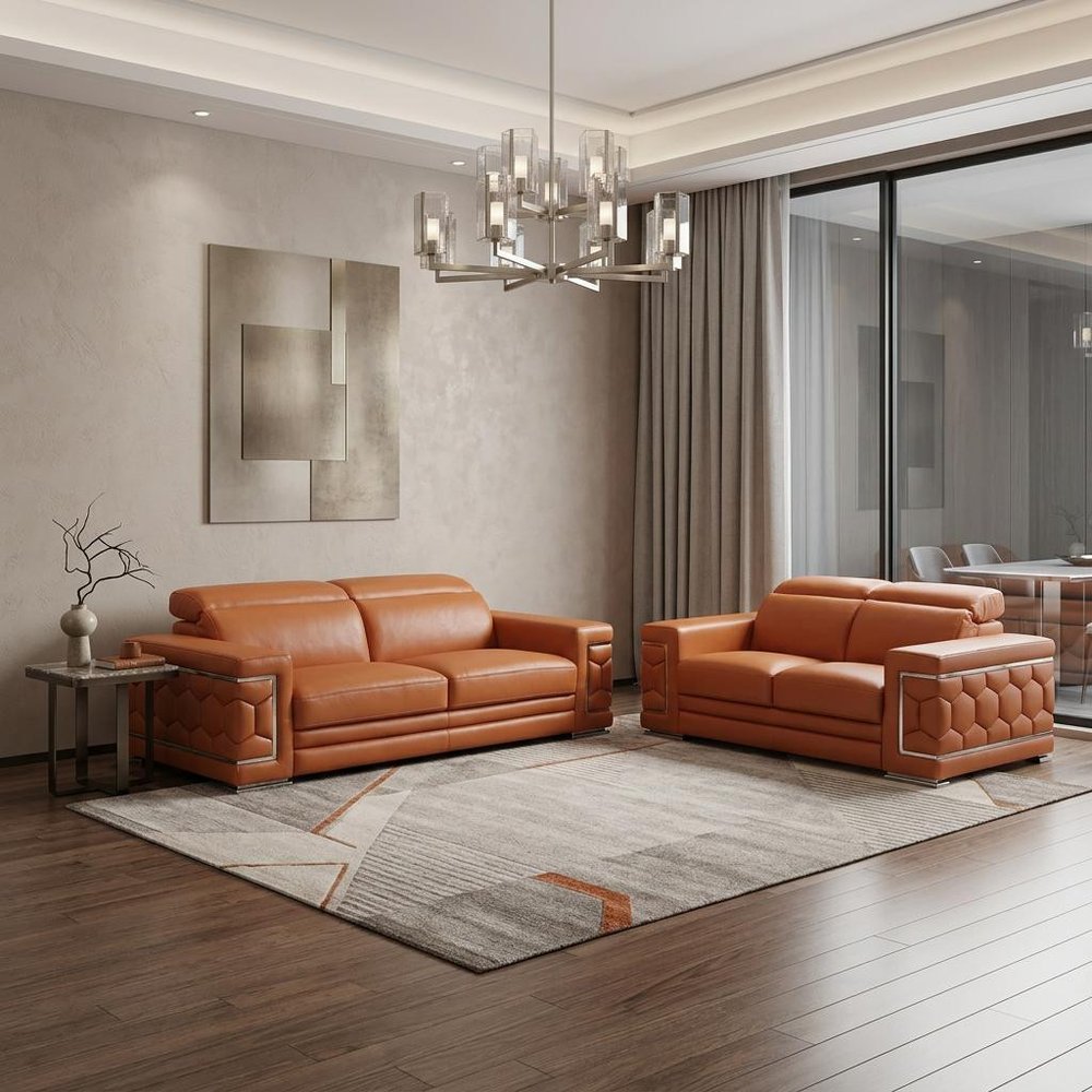 Two Piece Indoor Camel Italian Leather Five Person Seating Set HomeRoots