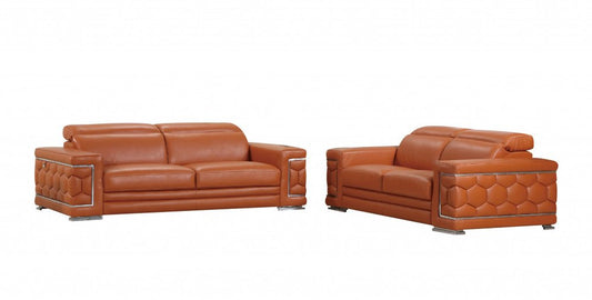 Two Piece Indoor Camel Italian Leather Five Person Seating Set HomeRoots