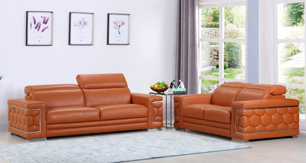 Two Piece Indoor Camel Italian Leather Five Person Seating Set HomeRoots