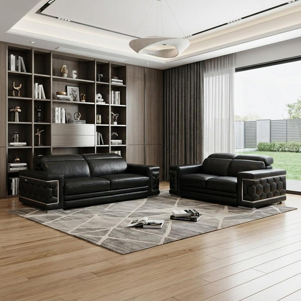 Two Piece Indoor Black Italian Leather Five Person Seating Set HomeRoots