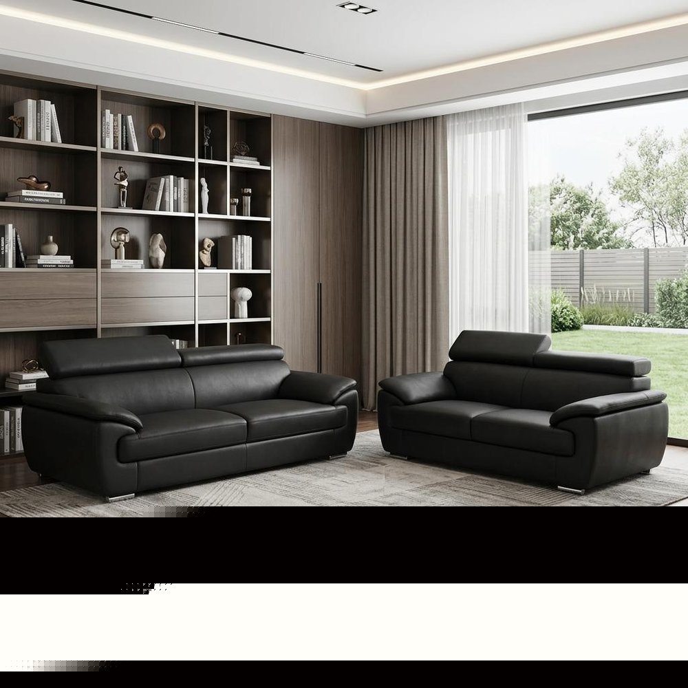 Two Piece Indoor Black Genuine Leather Five Person Seating Set HomeRoots