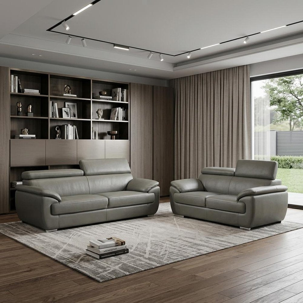Two Piece Indoor Gray Genuine Leather Five Person Seating Set HomeRoots