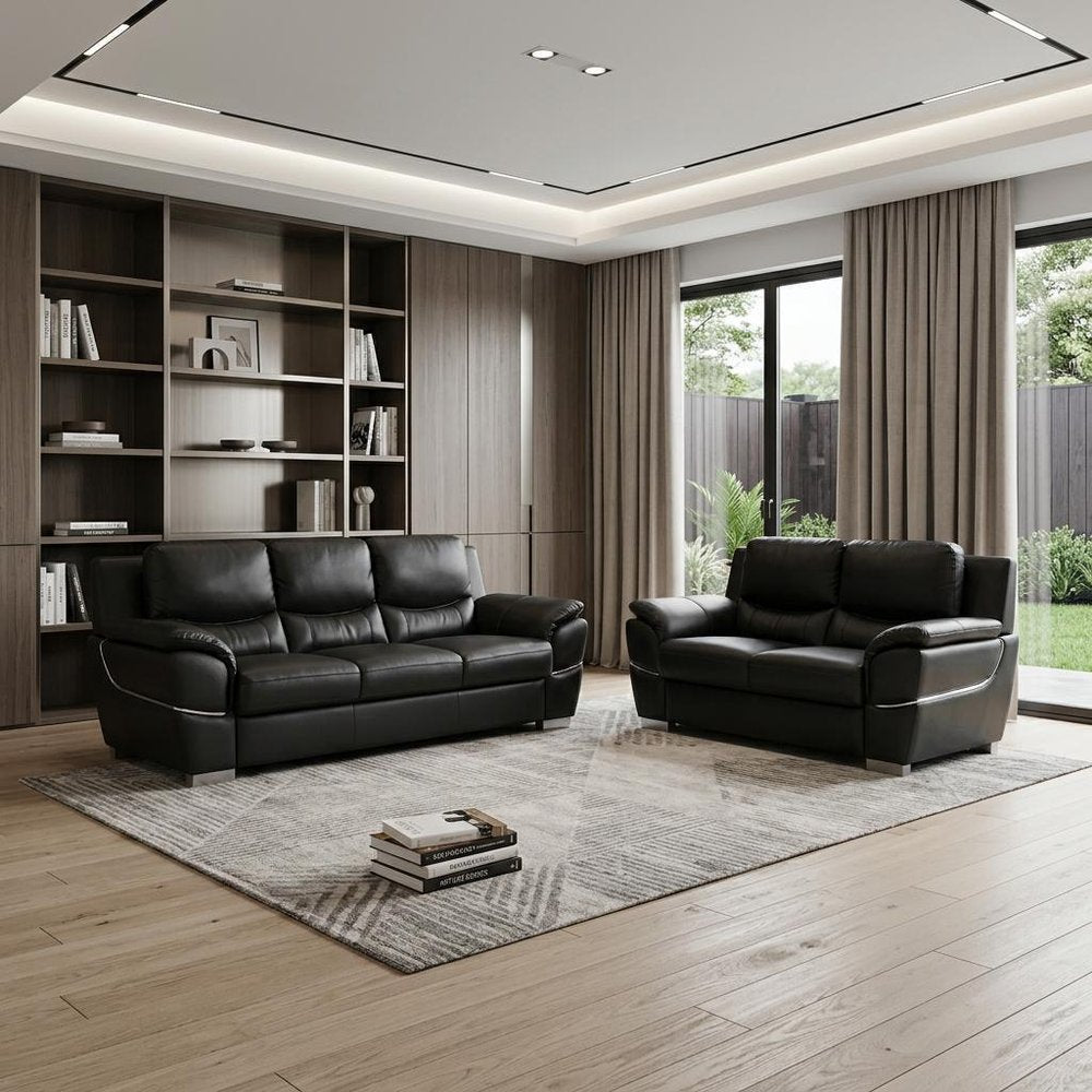 Two Piece Indoor Black Genuine Leather Five Person Seating Set HomeRoots