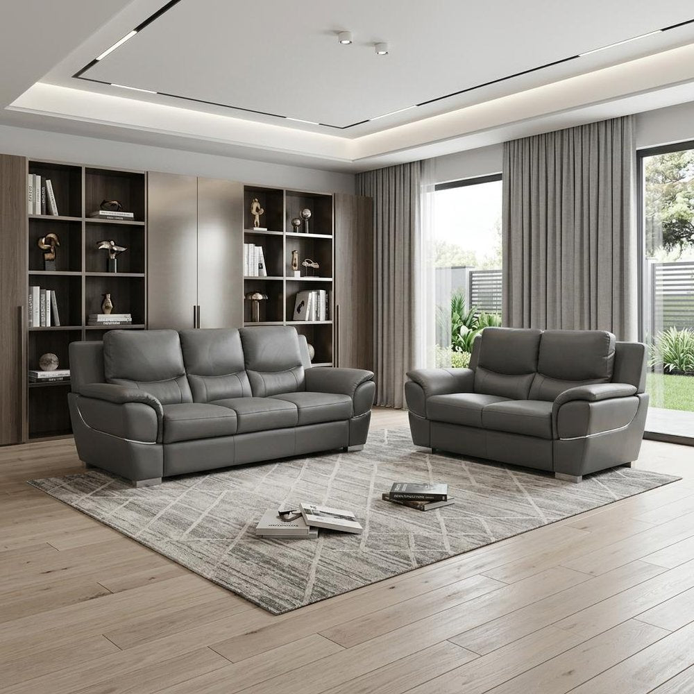 Two Piece Indoor Gray Genuine Leather Five Person Seating Set HomeRoots