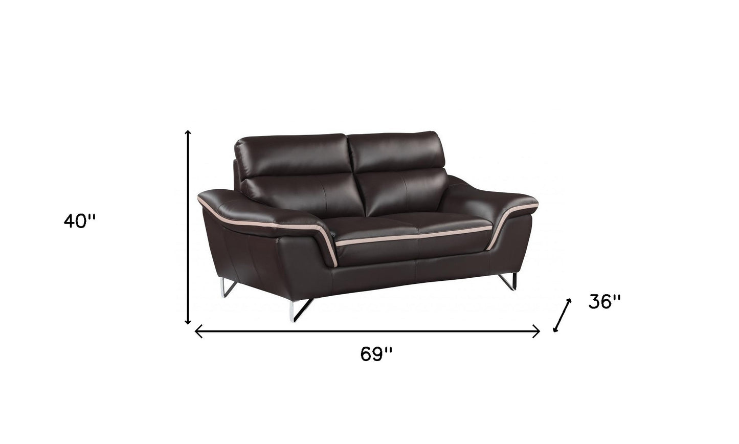 Three Piece Indoor Brown Genuine Leather Six Person Seating Set