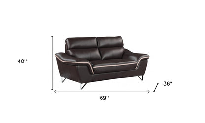 Three Piece Indoor Brown Genuine Leather Six Person Seating Set