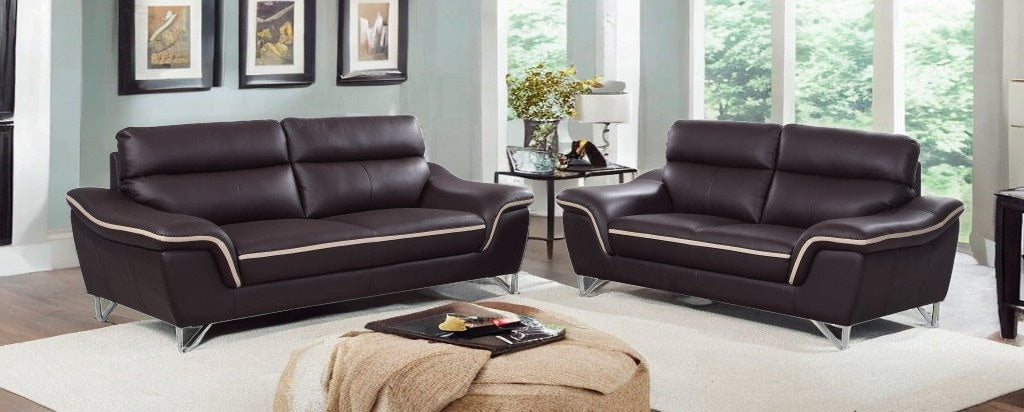 Three Piece Indoor Brown Genuine Leather Six Person Seating Set