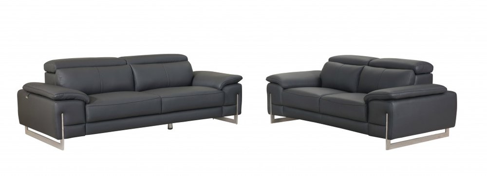 Two Piece Indoor Dark Gray Italian Leather Five Person Seating Set HomeRoots