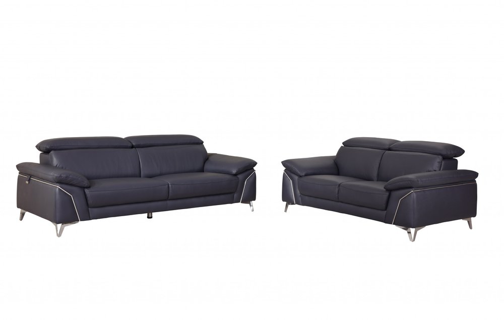 Two Piece Indoor Blue Italian Leather Five Person Seating Set HomeRoots