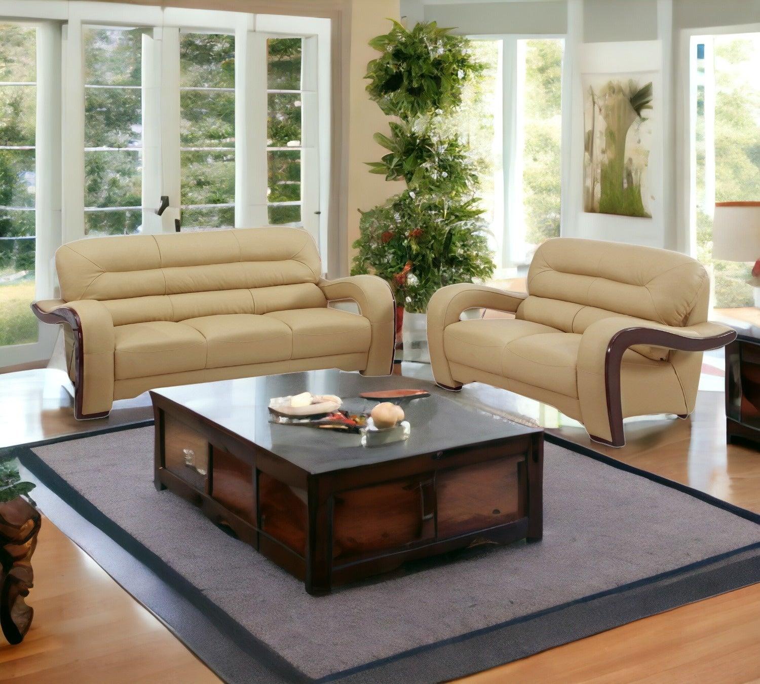 Three Piece Indoor Beige Genuine Leather Six Person Seating Set - FurniFindUSA