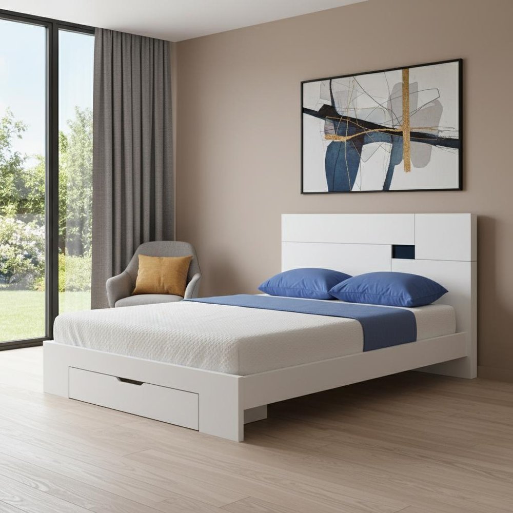 White Wood King Platform Bed Frame With Storage Drawer HomeRoots