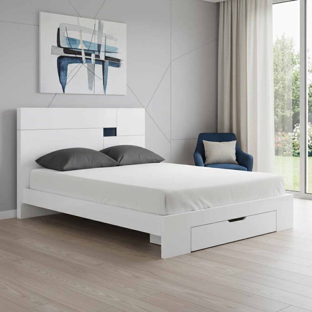 White Wood CA King Platform Bed Frame With Storage Drawer HomeRoots