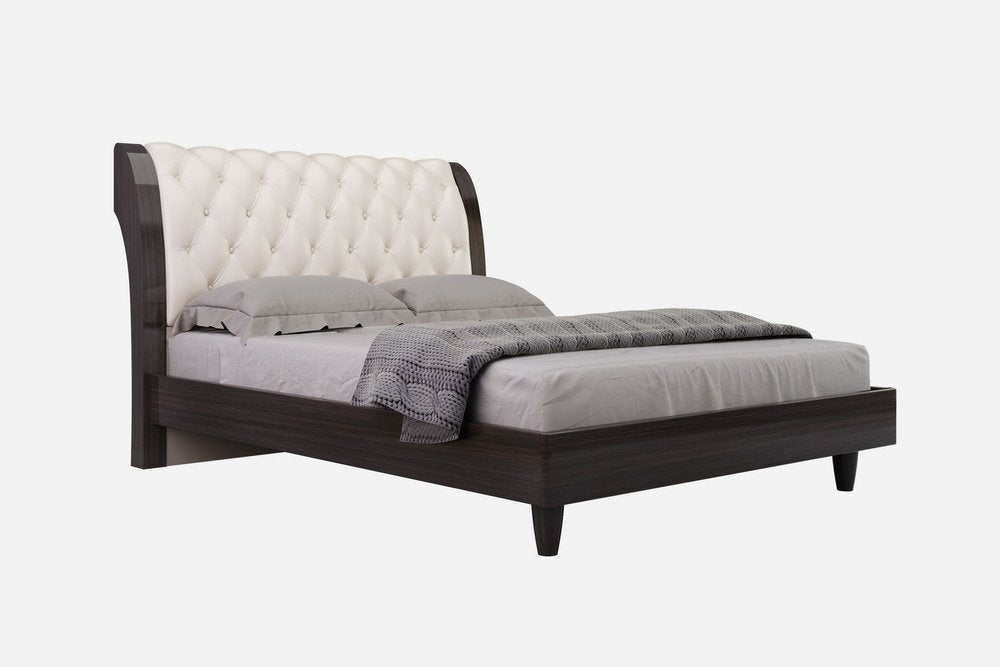 Solid Wood King Tufted Beige Upholstered Faux Leather Bed With Nailhead Trim HomeRoots