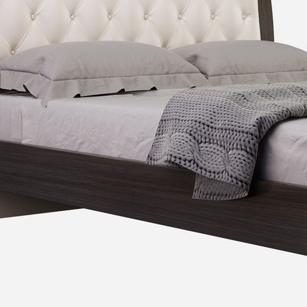 Solid Wood King Tufted Beige Upholstered Faux Leather Bed With Nailhead Trim HomeRoots