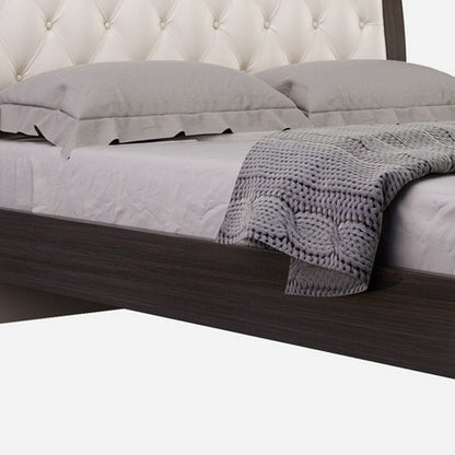 Solid Wood King Tufted Beige Upholstered Faux Leather Bed With Nailhead Trim HomeRoots