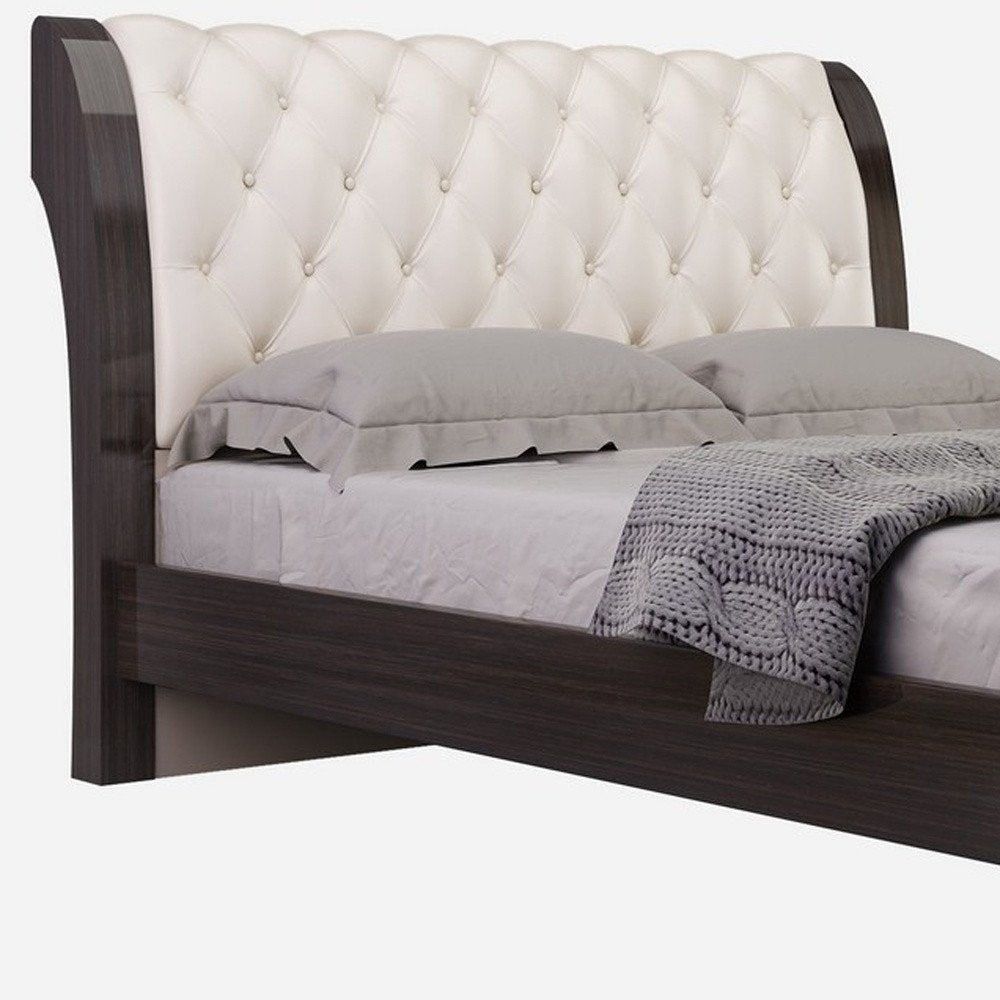 Solid Wood King Tufted Beige Upholstered Faux Leather Bed With Nailhead Trim HomeRoots