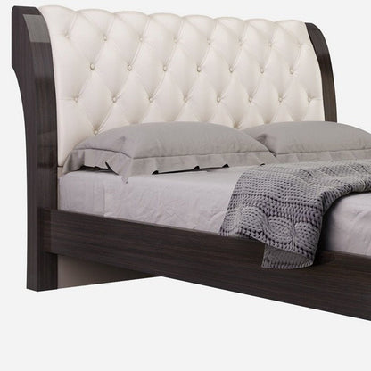 Solid Wood King Tufted Beige Upholstered Faux Leather Bed With Nailhead Trim HomeRoots