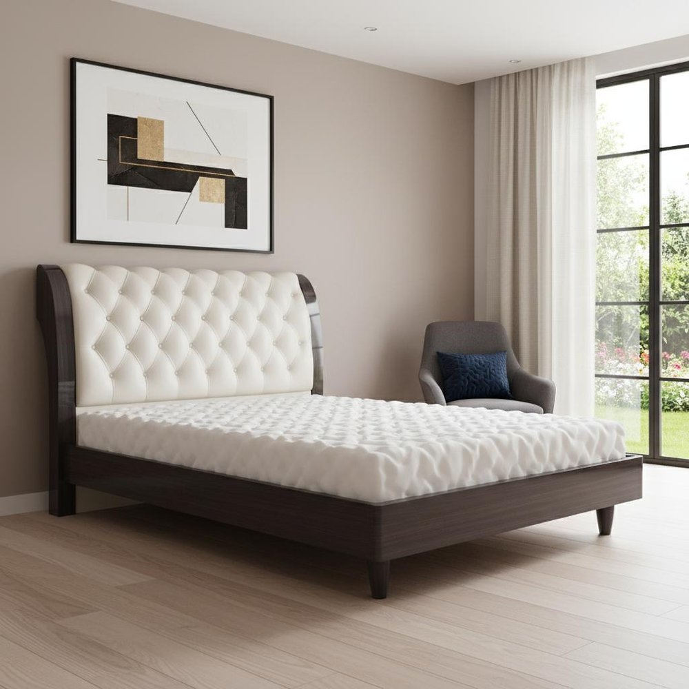 Solid Wood King Tufted Beige Upholstered Faux Leather Bed With Nailhead Trim HomeRoots