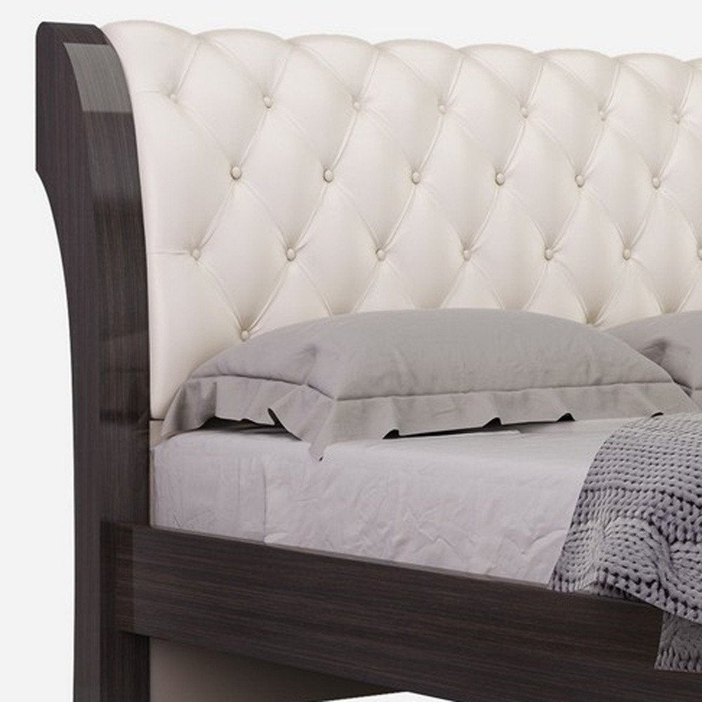 Solid Wood King Tufted Beige Upholstered Faux Leather Bed With Nailhead Trim HomeRoots