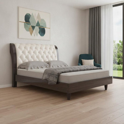 Solid Wood King Tufted Beige Upholstered Faux Leather Bed With Nailhead Trim HomeRoots