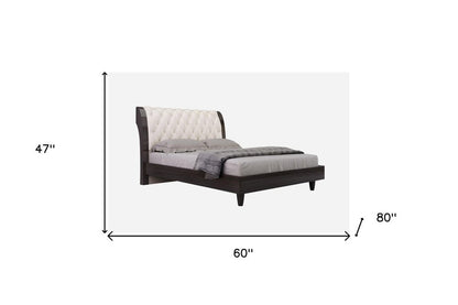 Solid Wood Queen Tufted Beige Upholstered Faux Leather Bed With Nailhead Trim HomeRoots