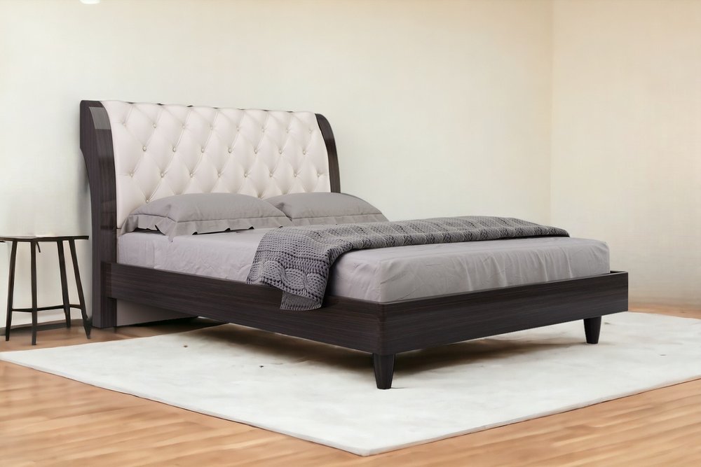 Solid Wood Queen Tufted Beige Upholstered Faux Leather Bed With Nailhead Trim HomeRoots