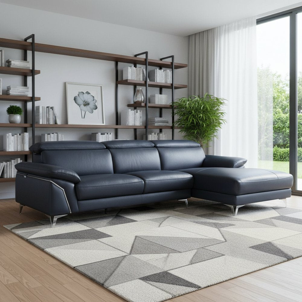 Navy Blue Italian Leather L Shaped Two Piece Sofa and Chaise Sectional HomeRoots