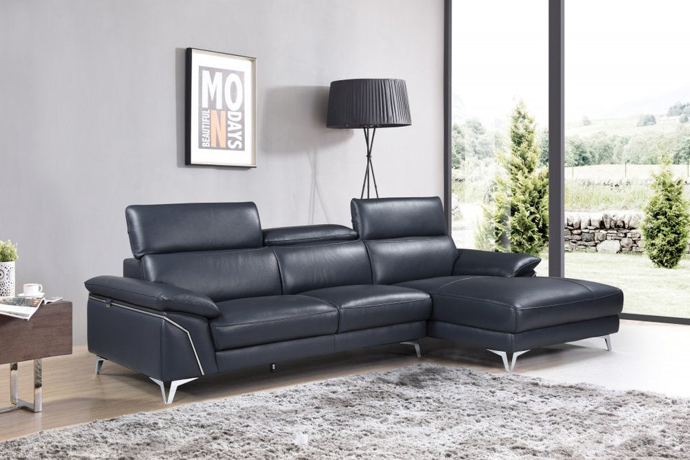 Navy Blue Italian Leather L Shaped Two Piece Sofa and Chaise Sectional HomeRoots