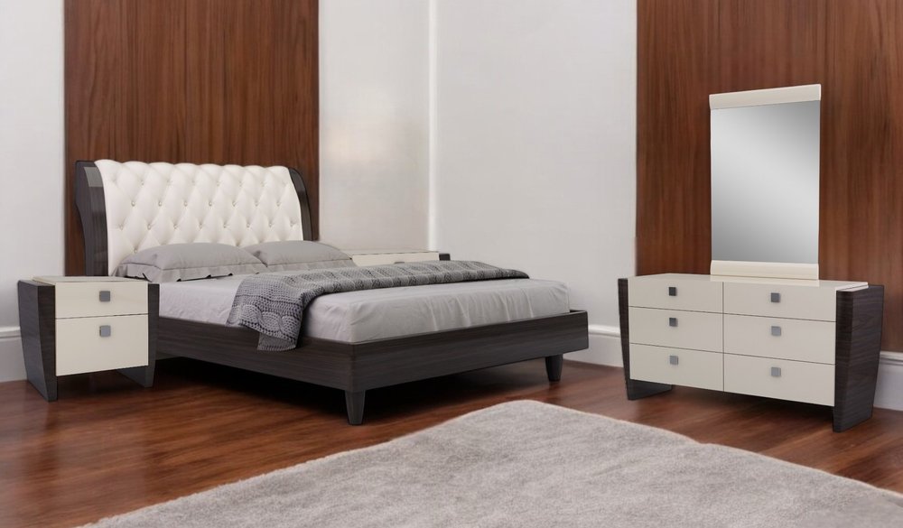 Four Piece Beige Solid Wood Bedroom Set With Mirror HomeRoots
