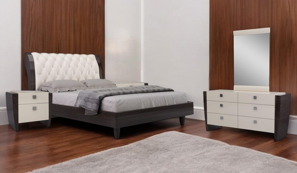 Four Piece Beige Solid Wood Bedroom Set With Mirror HomeRoots