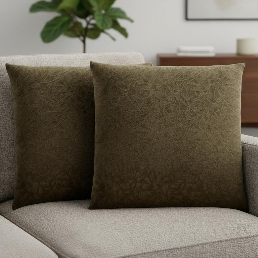 Set Of Two 18" X 18" Dark Green Velvet Polyester Floral Zippered Pillow — view 1