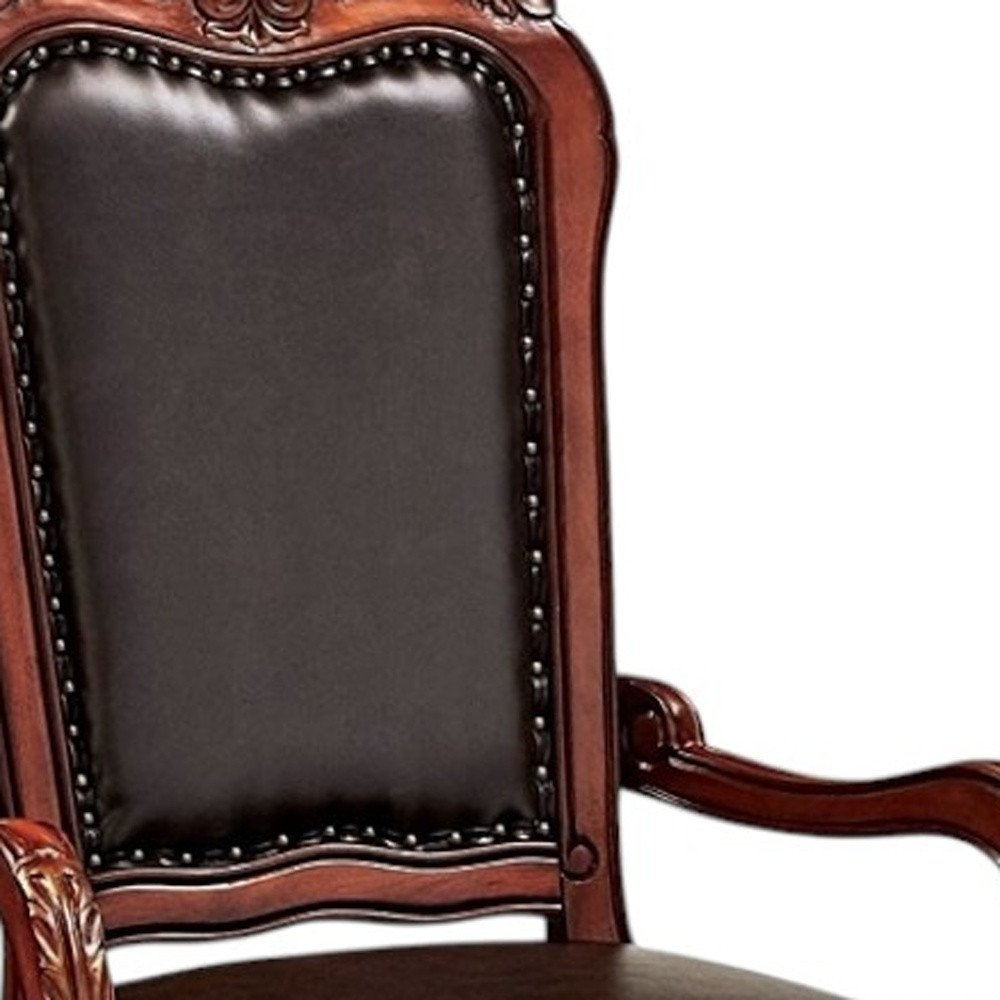 Set of Two Brown Upholstered Faux Leather Queen Anne Back Dining Arm Chairs HomeRoots