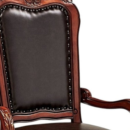 Set of Two Brown Upholstered Faux Leather Queen Anne Back Dining Arm Chairs HomeRoots