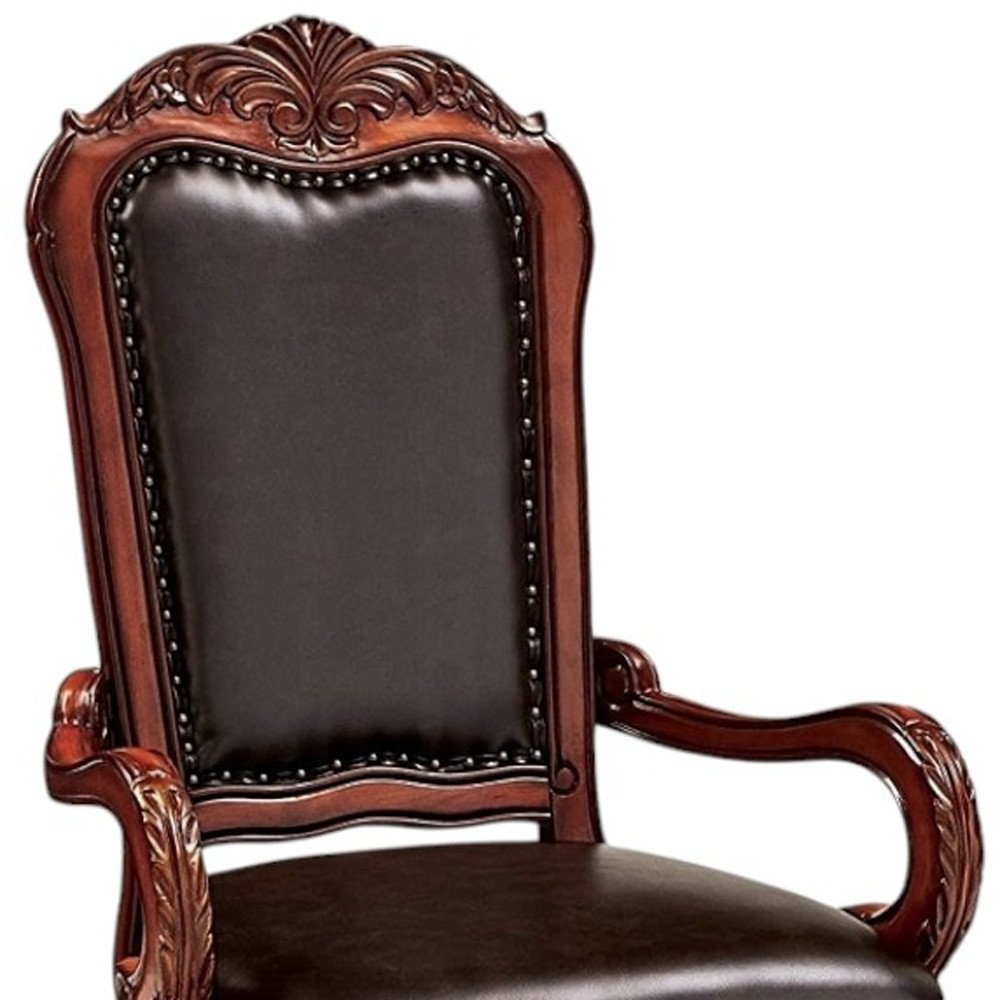 Set of Two Brown Upholstered Faux Leather Queen Anne Back Dining Arm Chairs HomeRoots