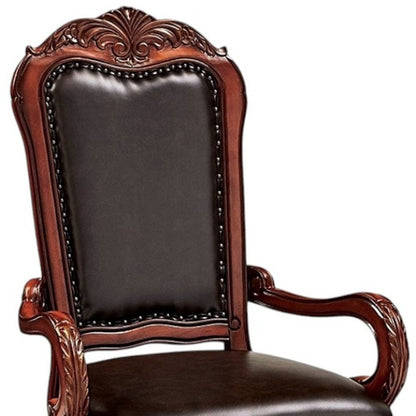 Set of Two Brown Upholstered Faux Leather Queen Anne Back Dining Arm Chairs HomeRoots