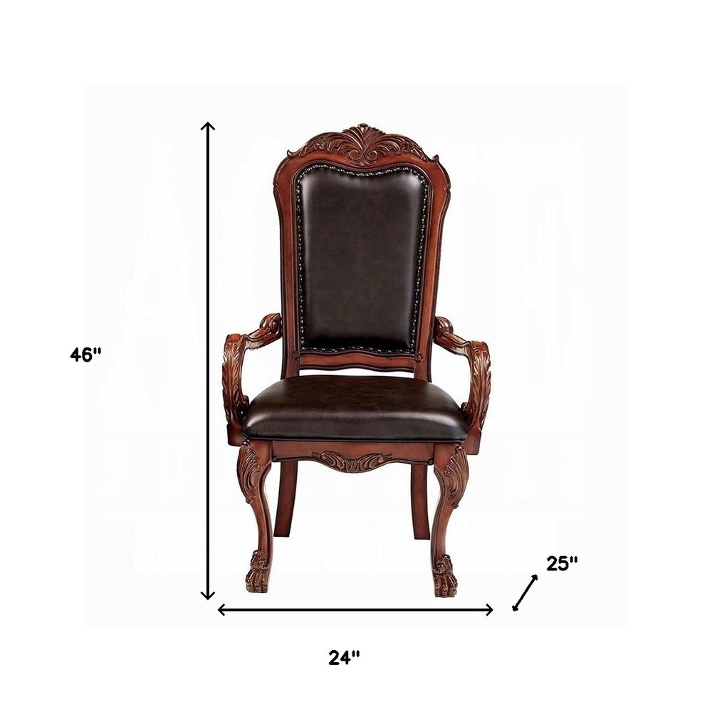 Set of Two Brown Upholstered Faux Leather Queen Anne Back Dining Arm Chairs HomeRoots