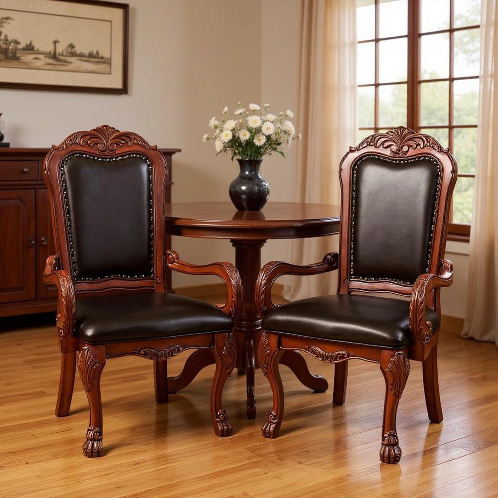 Set of Two Brown Upholstered Faux Leather Queen Anne Back Dining Arm Chairs HomeRoots